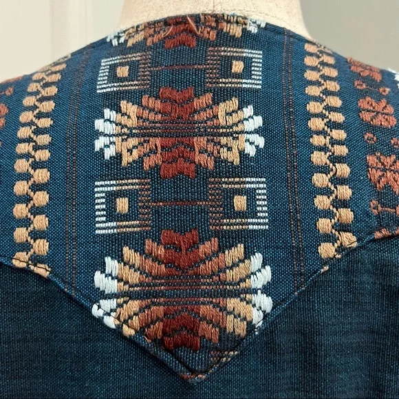 Vintage Embroidered Made in Mexico Dark Blue Heavy Linen Top - Picture 11 of 16